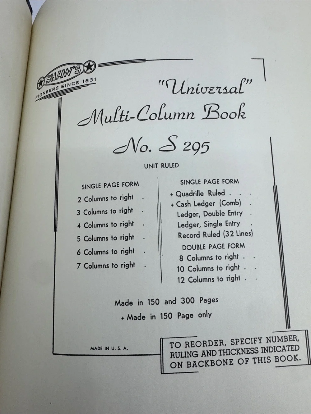 Shaw's (Wilson Jones Brand) Universal Multi-Column Ledger Book No S 295